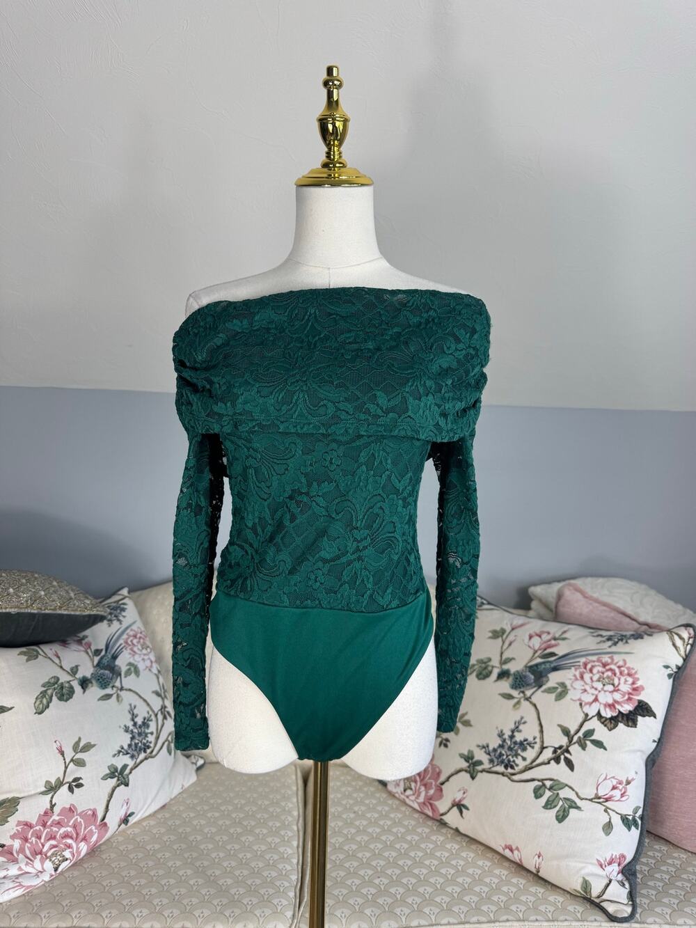Emerald After Dark 💚 AFRM Nia Lace Off Shoulder Bodysuit NWT Size M